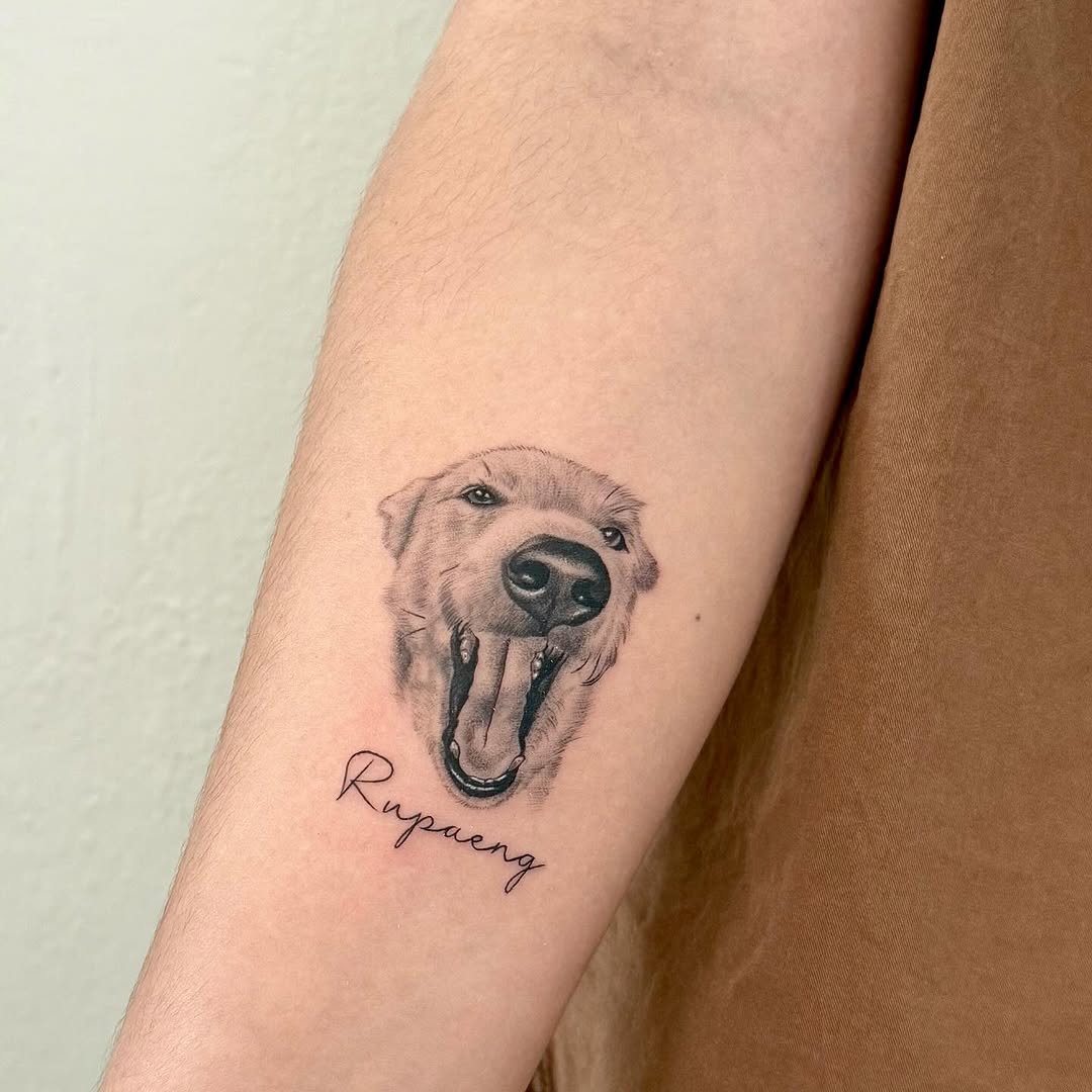 Realistic Yawning Dog Tattoo on Forearm