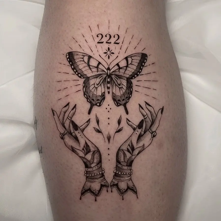 Symbolic butterfly and hands tattoo design