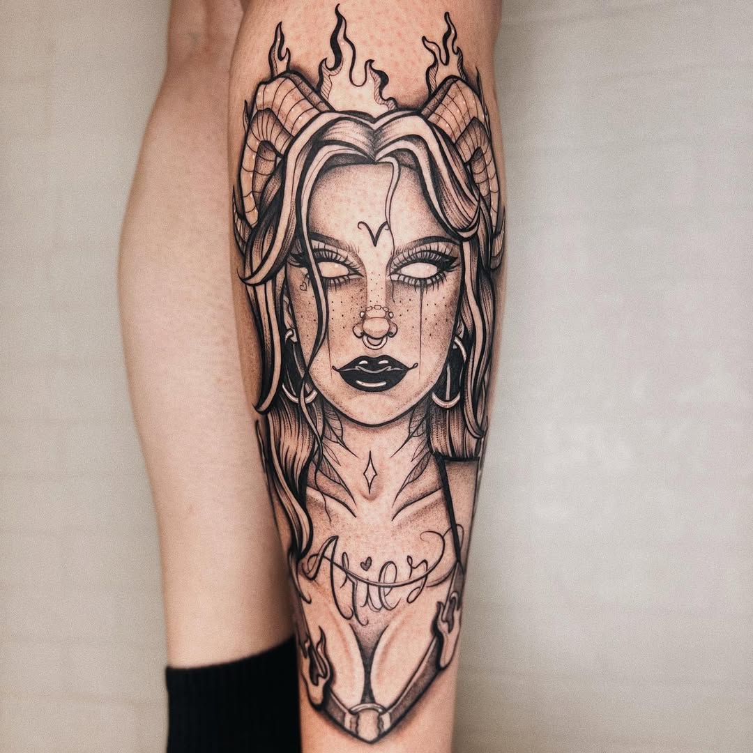 Bold Aries Tattoo with Fiery Details