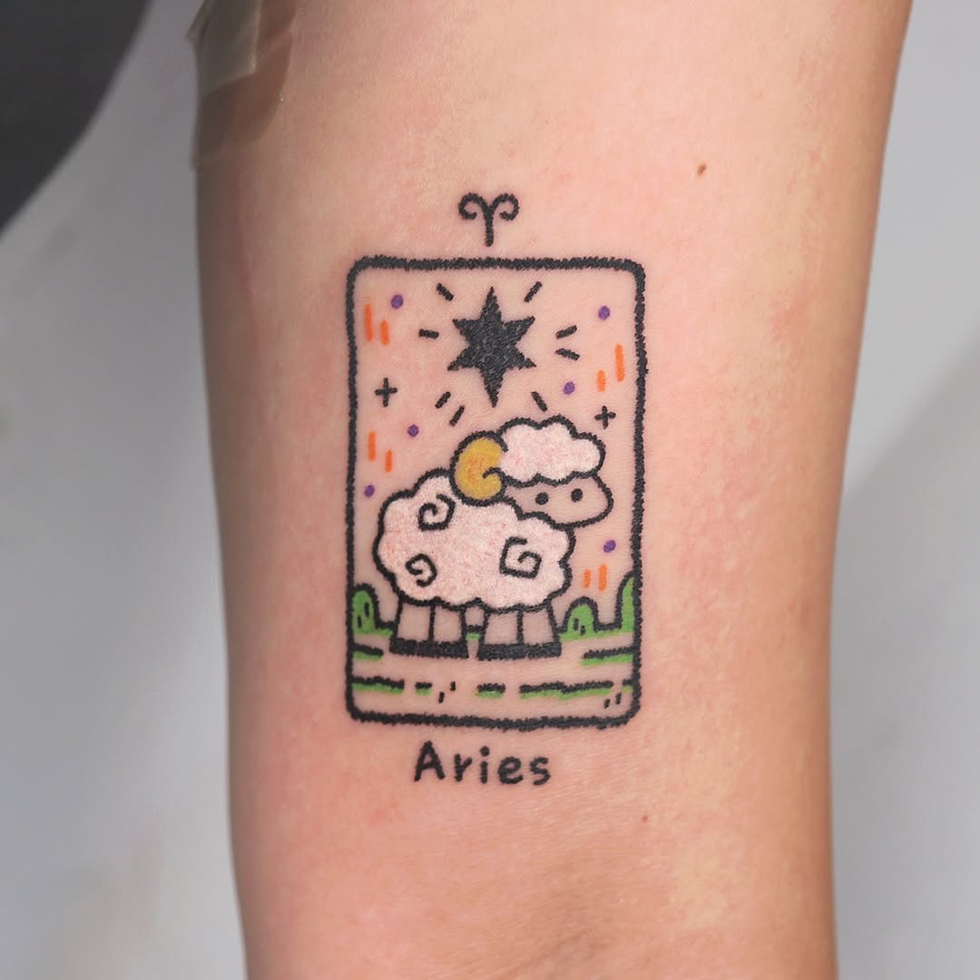 Whimsical Aries Sheep Tattoo with Star