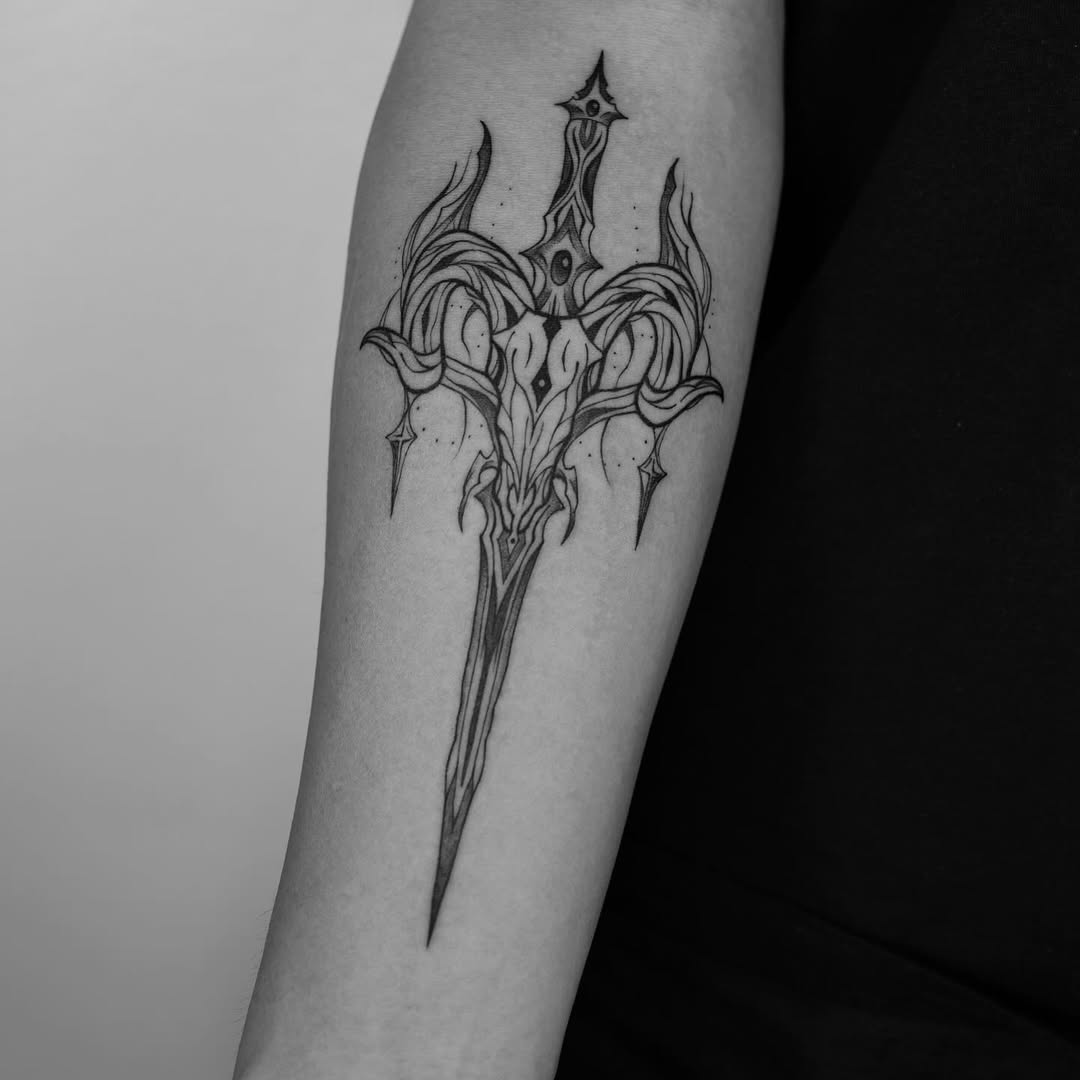 Intricate Aries Sword Tattoo with Mystical Elements