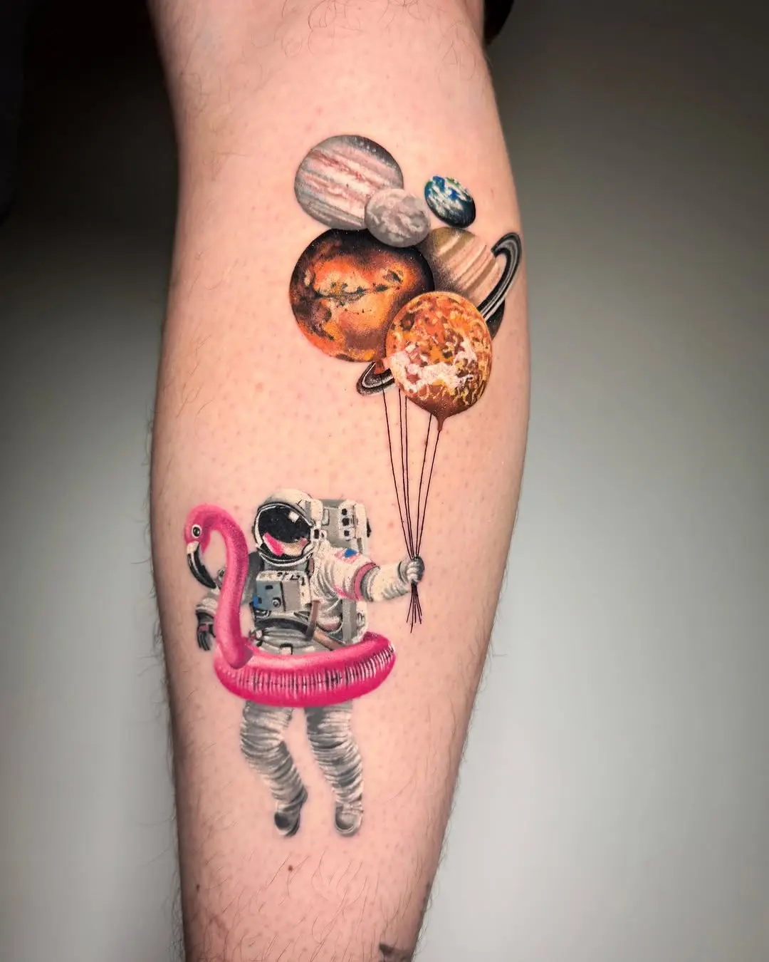 Whimsical astronaut with playful planet balloons