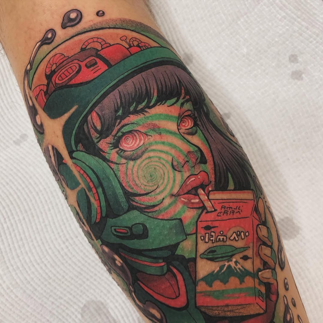 Bold astronaut girl tattoo with cosmic elements