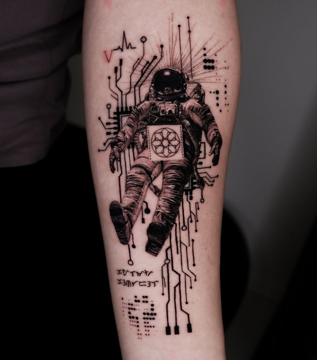 Futuristic Astronaut Tattoo with Circuit Elements