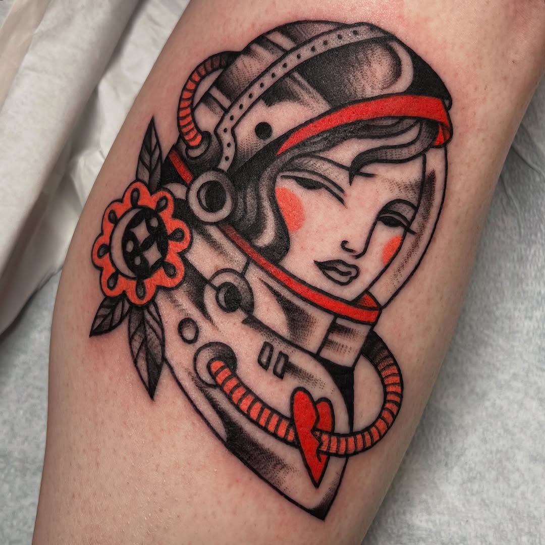 Unique female astronaut inked with floral details