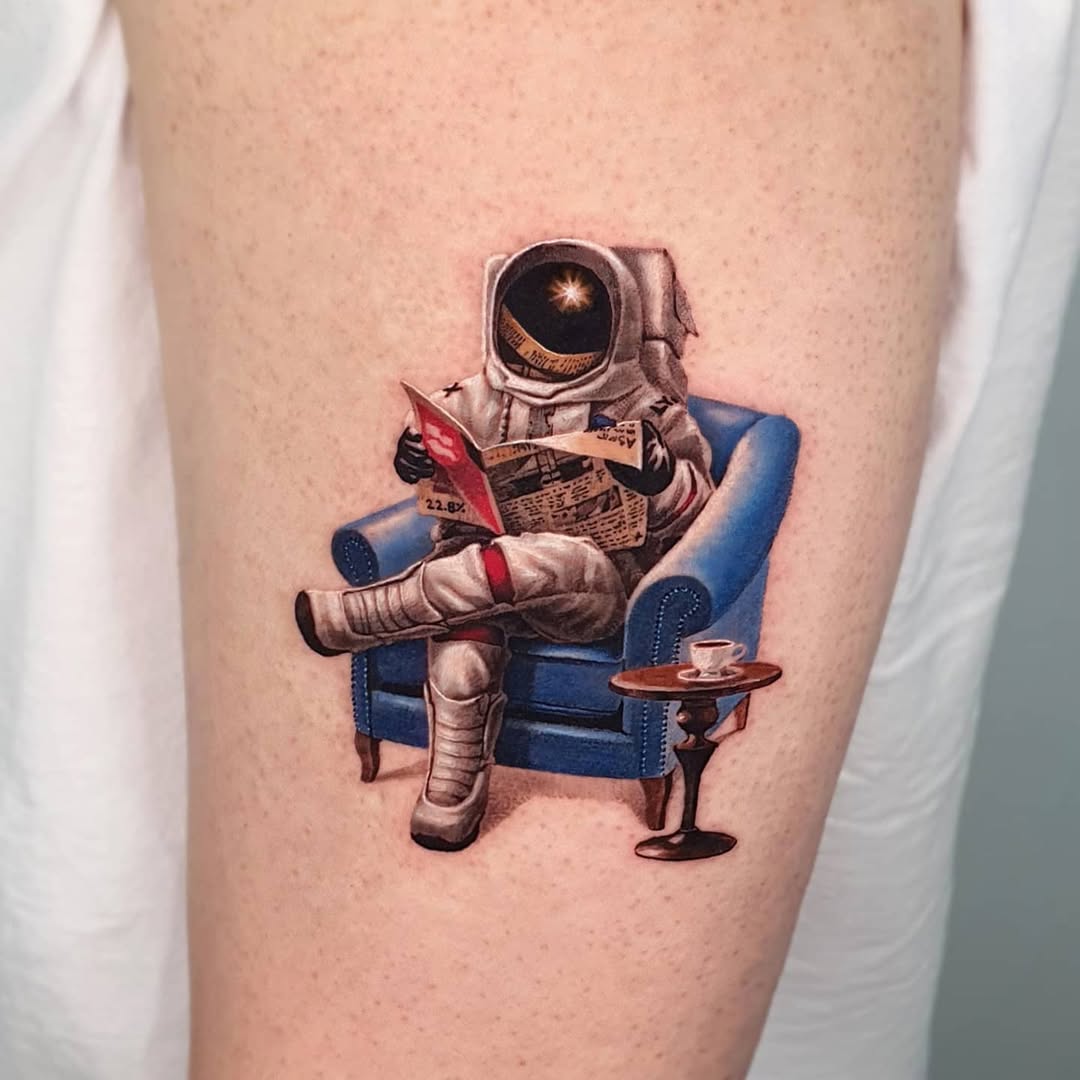 Quirky astronaut relaxing in a cozy chair