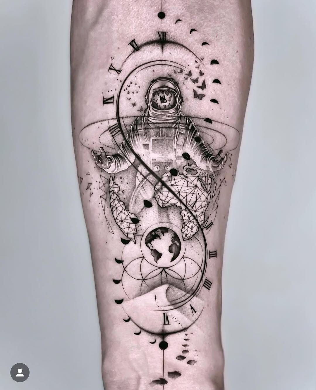 Intricate astronaut tattoo exploring time and space