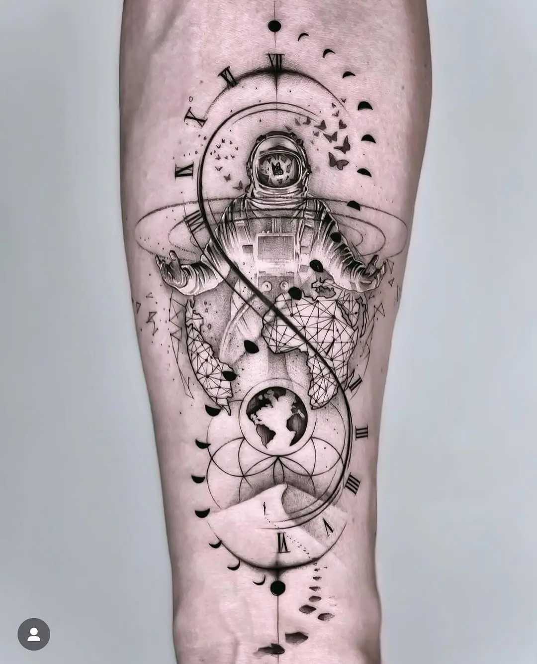 Intricate astronaut tattoo exploring time and space