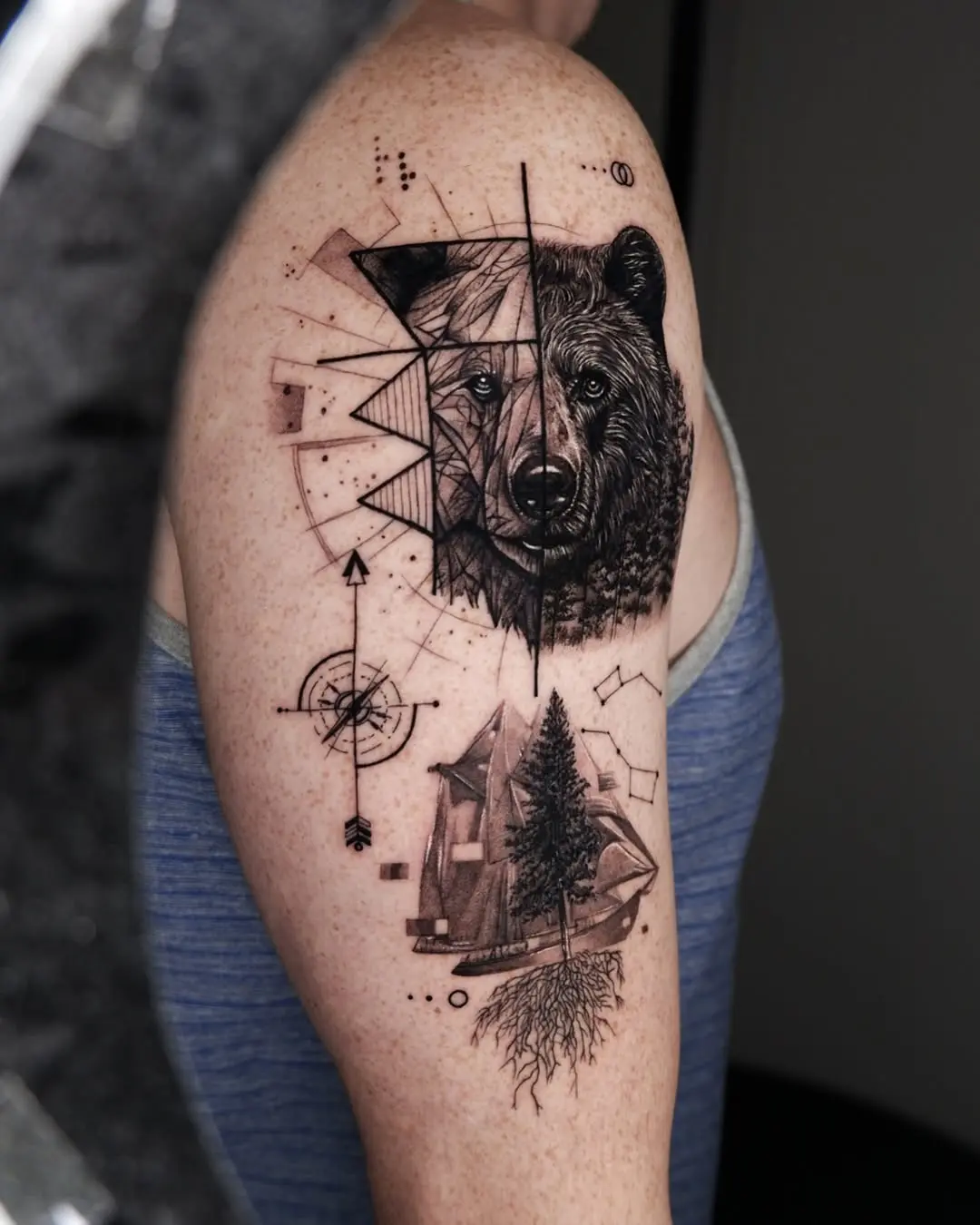 Geometric Bear Tattoo on Upper Arm
