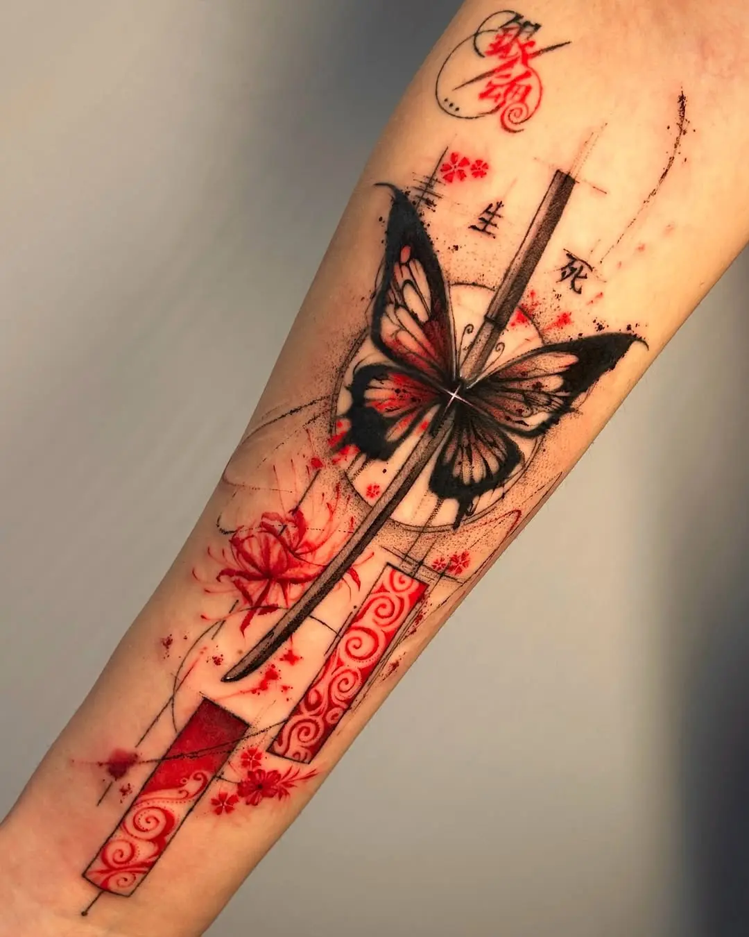 Elegant butterfly tattoo with sword details
