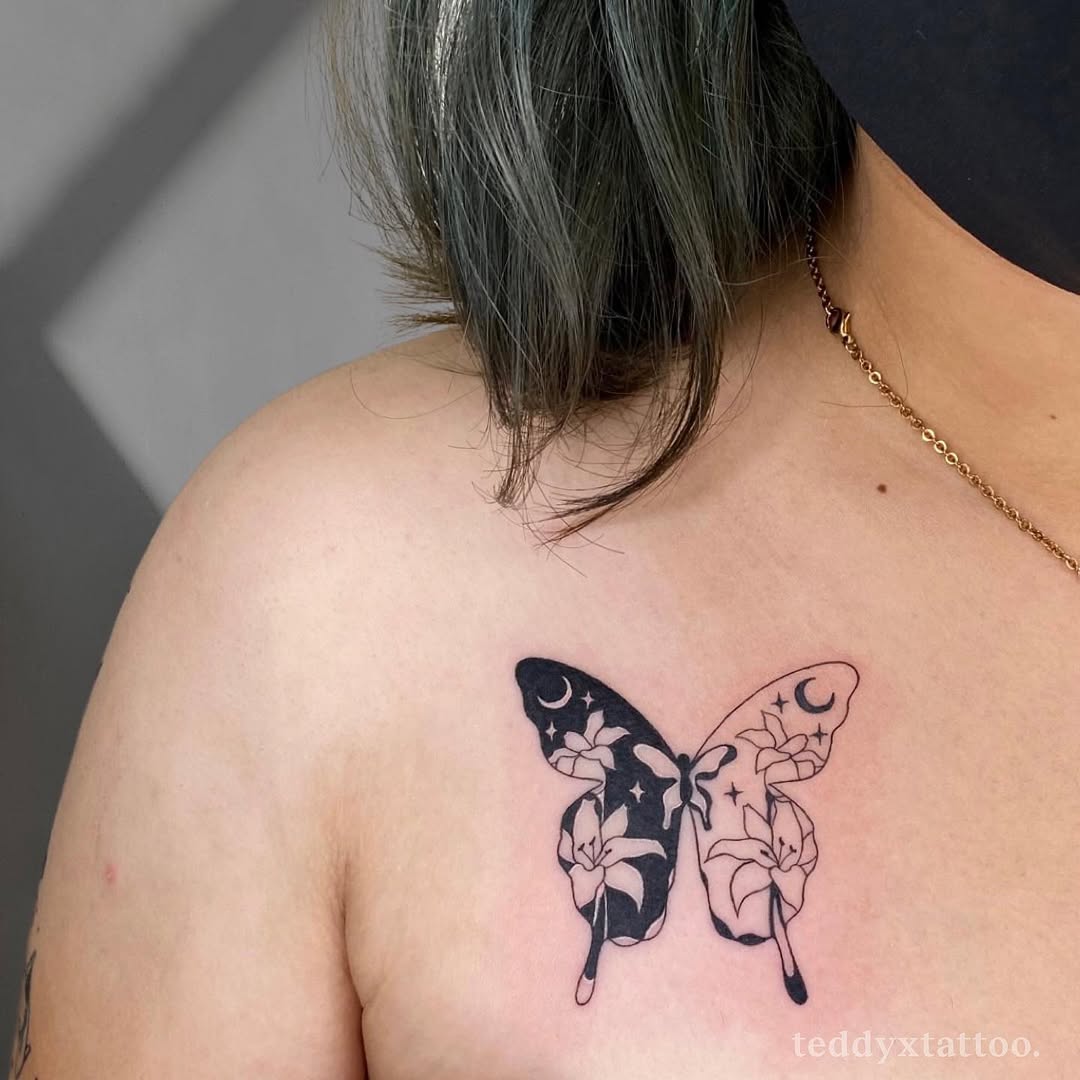 Yin Yang Butterfly Tattoo with Floral Design