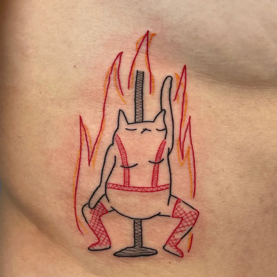 Whimsical feline dancer amidst vibrant flames