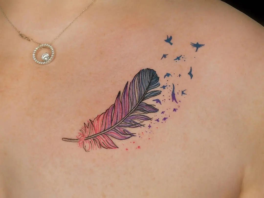 Elegant feather tattoo with playful bird motif