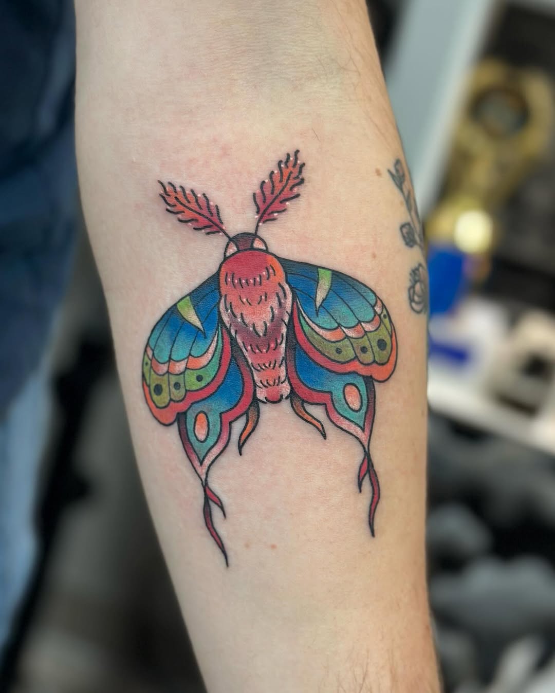 Stunning colorful moth tattoo with intricate details