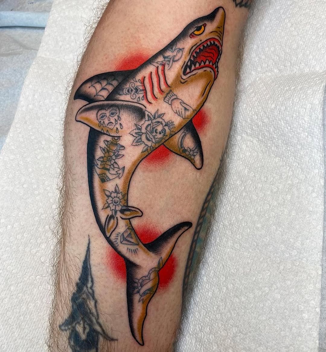 Bold shark tattoo with vibrant colors and details