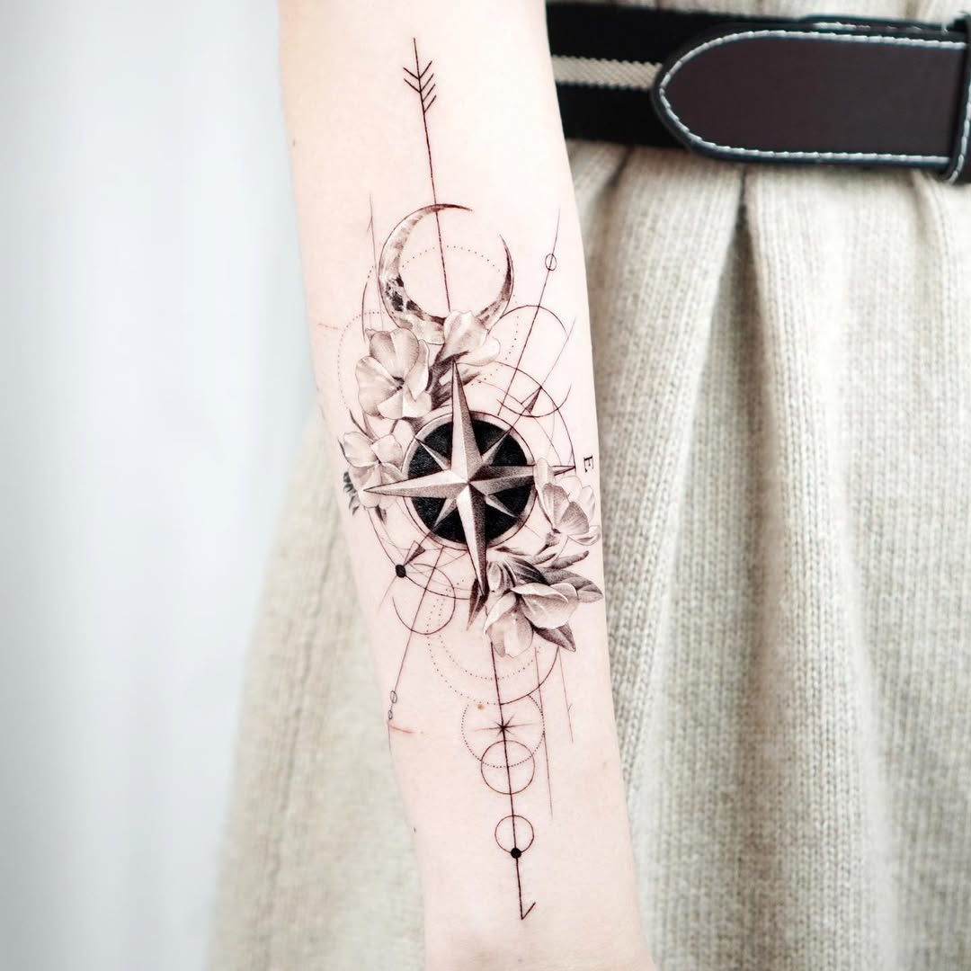 Intricate compass tattoo with floral elements