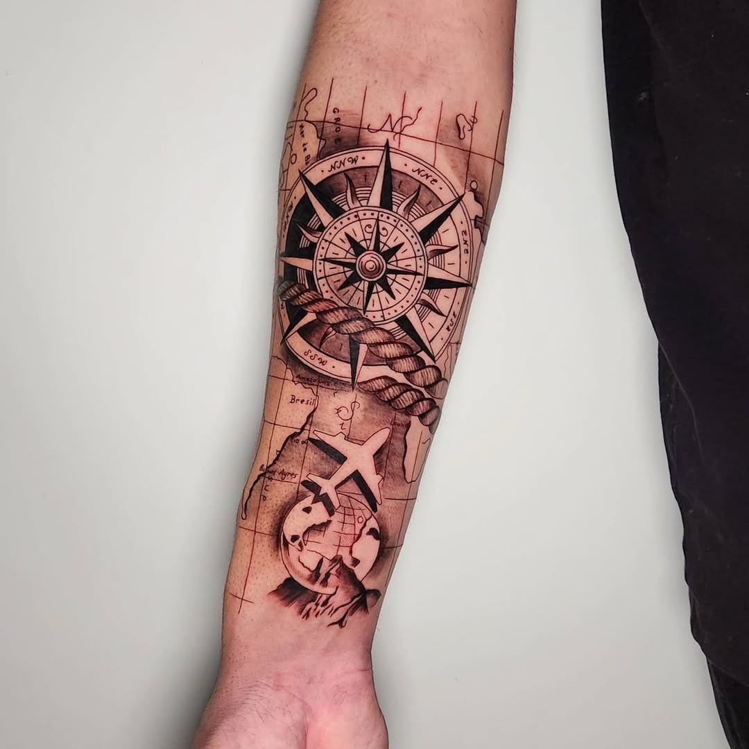 Intricate compass tattoo blending design and symbolism