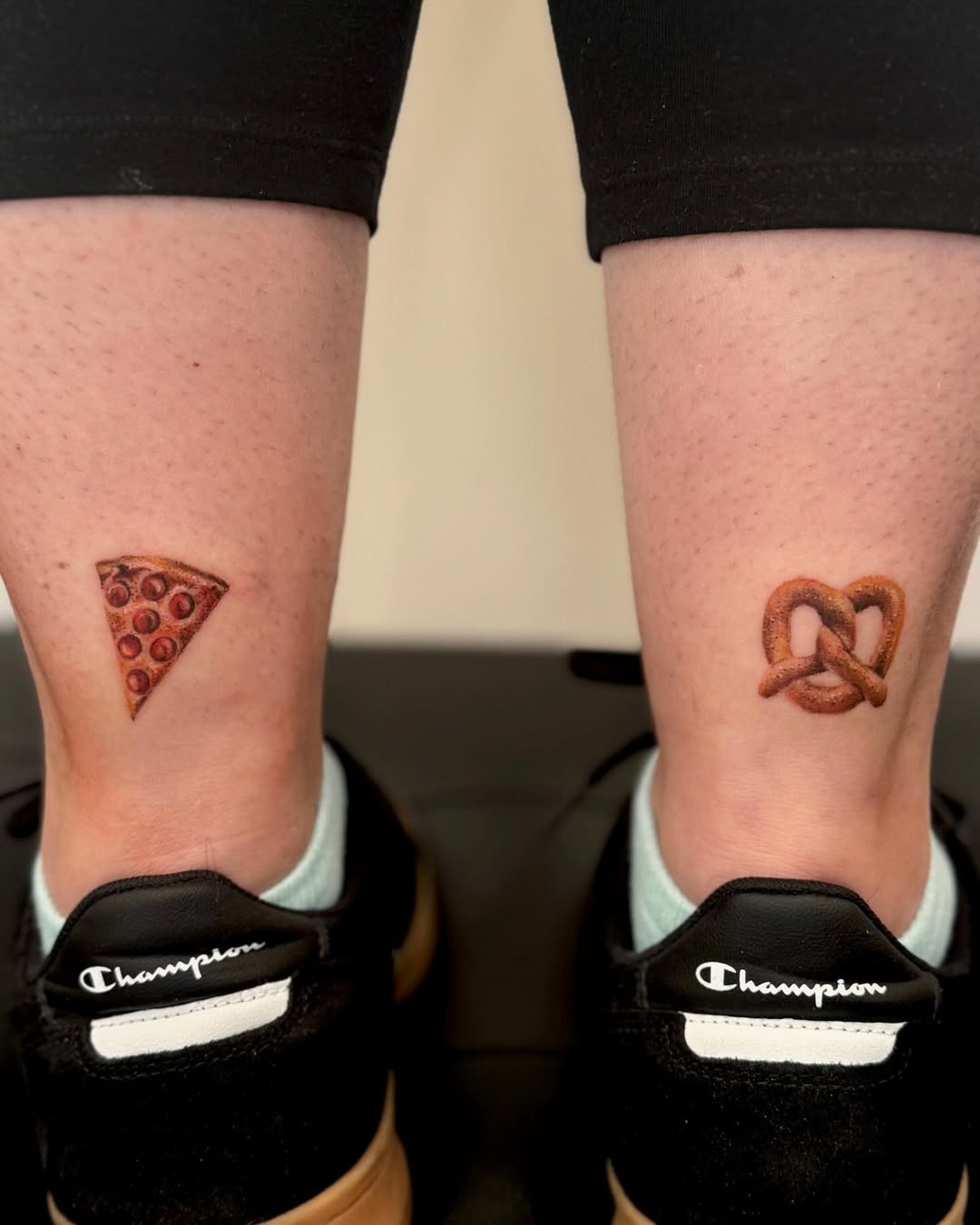 Delicious tattoos of pizza and pretzel delight