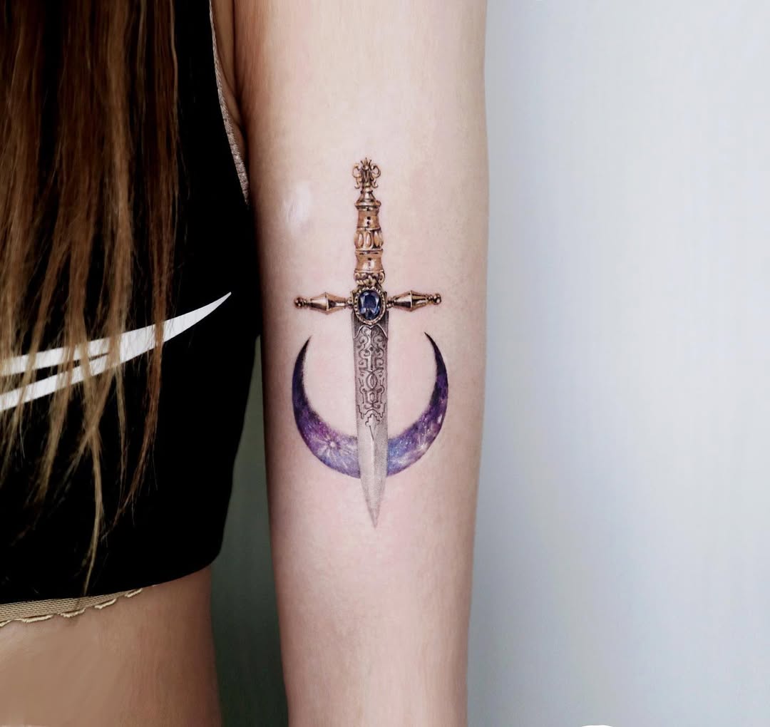 Elegant dagger tattoo with moon illustration