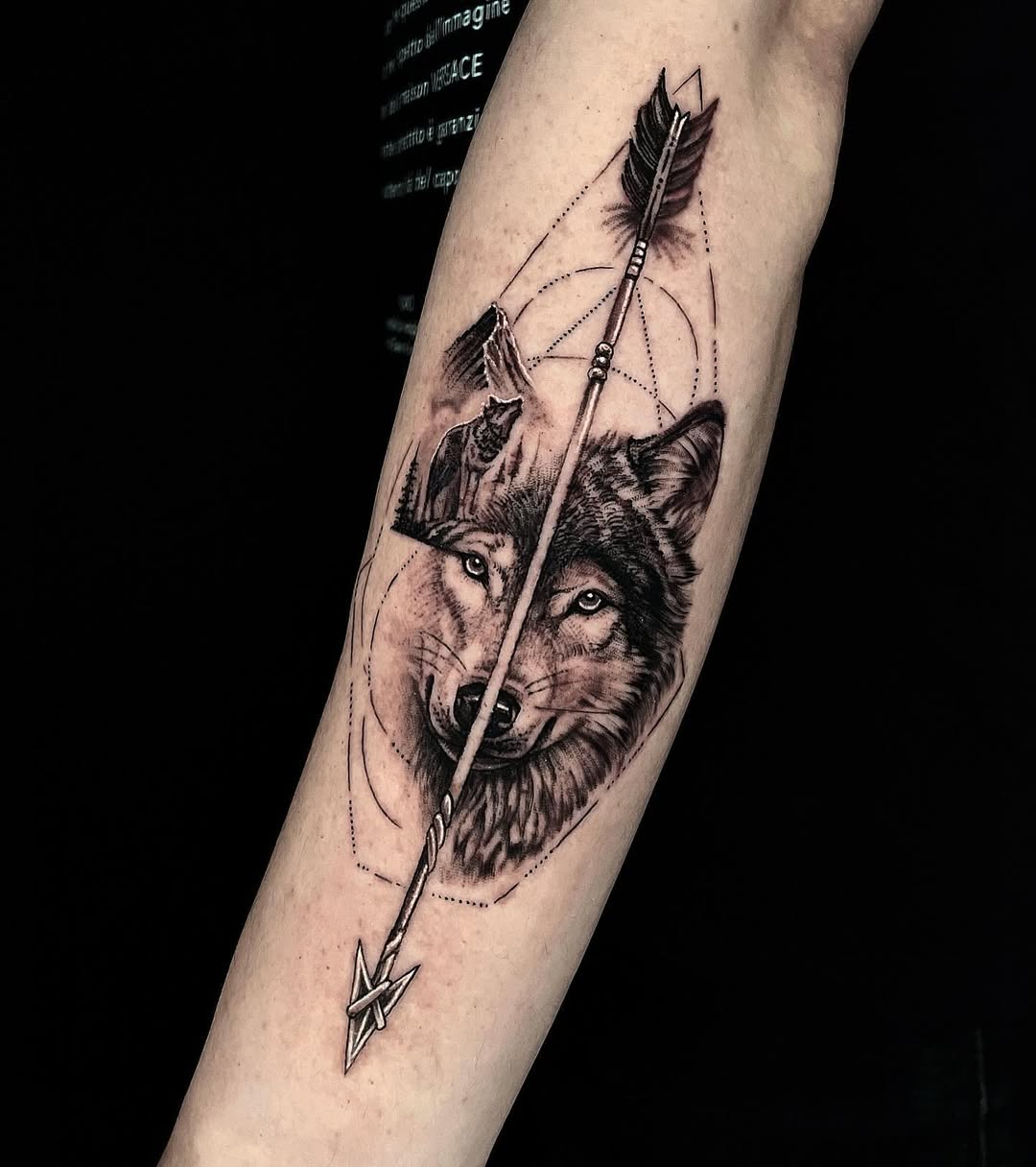 Intricate wolf tattoo combined with an arrow