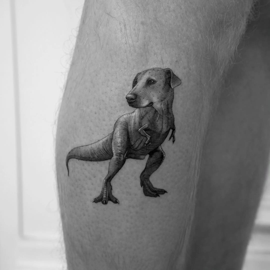 Unique dinosaur-dog fusion tattoo concept