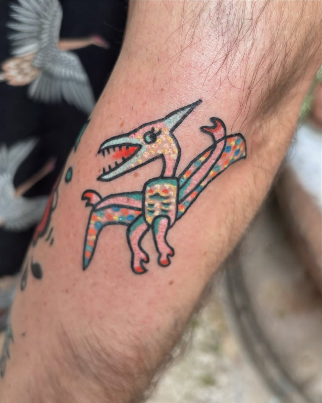 Vibrant pterodactyl tattoo with playful details
