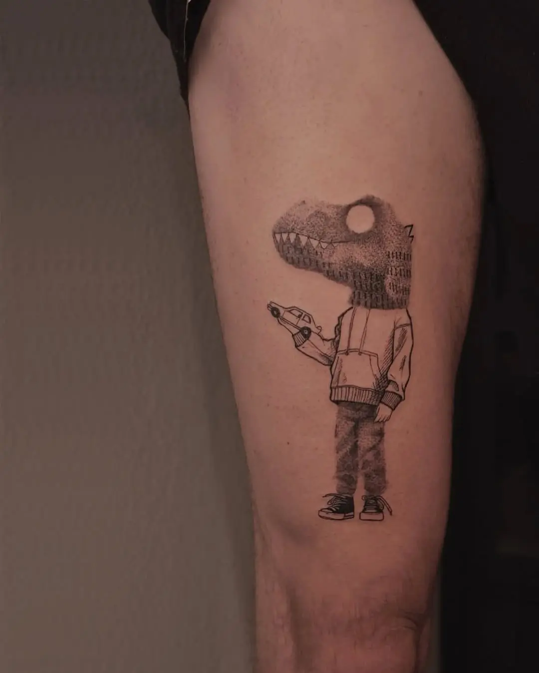 Whimsical dinosaur tattoo with urban flair