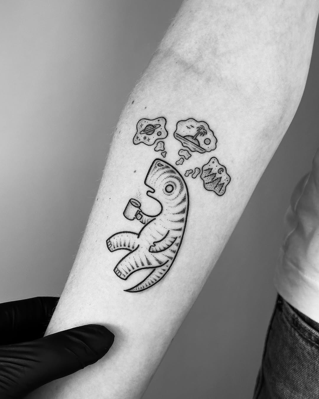 Playful dinosaur tattoo with whimsical elements