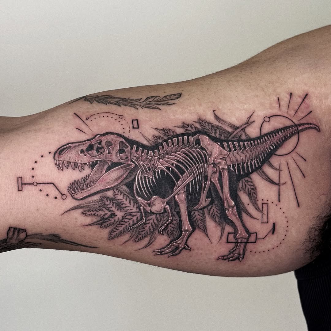 Intricate T-Rex Skeleton Tattoo on Arm