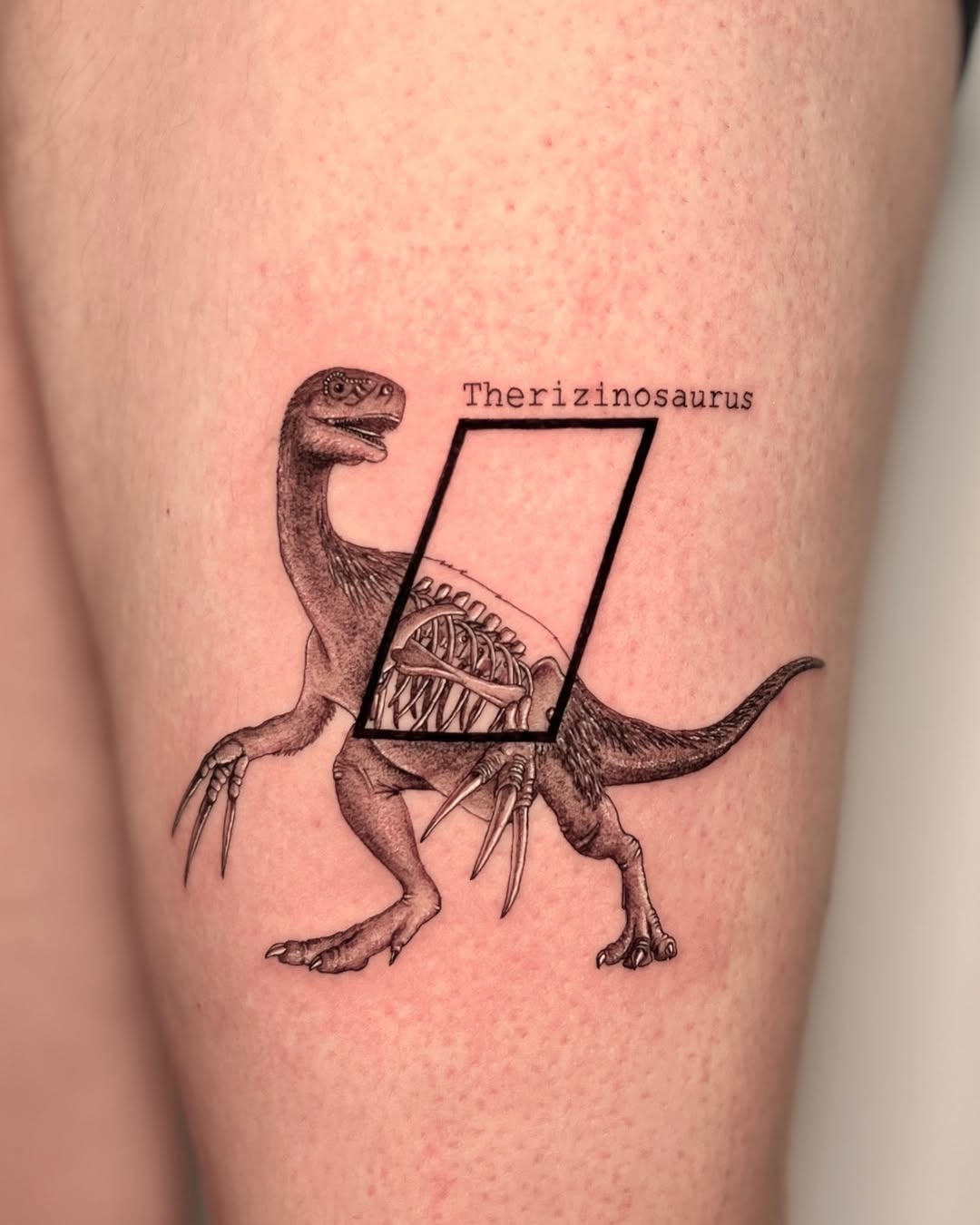 Unique Therizinosaurus Tattoo with a Skeleton Theme