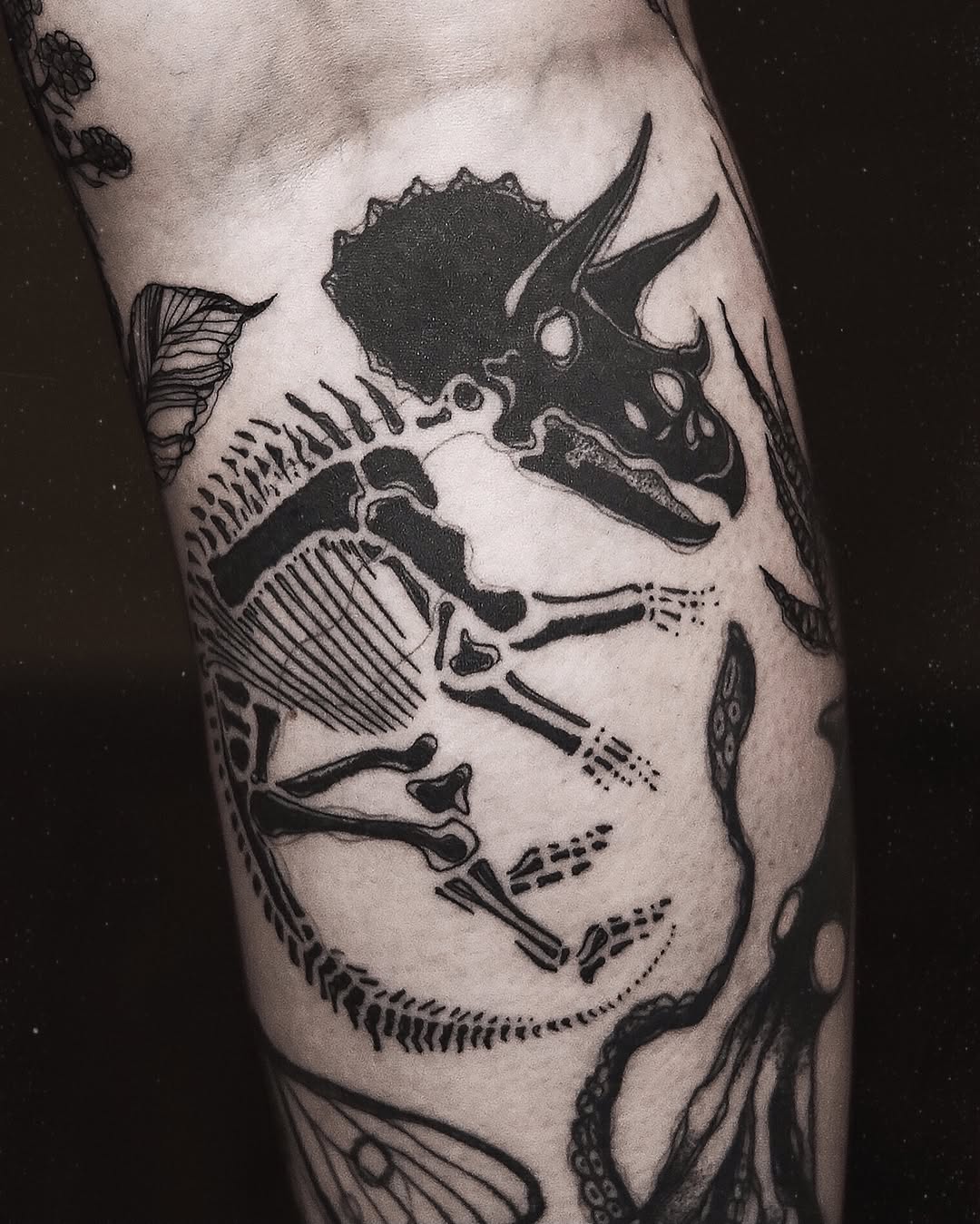 Intricate triceratops skeleton tattoo on arm