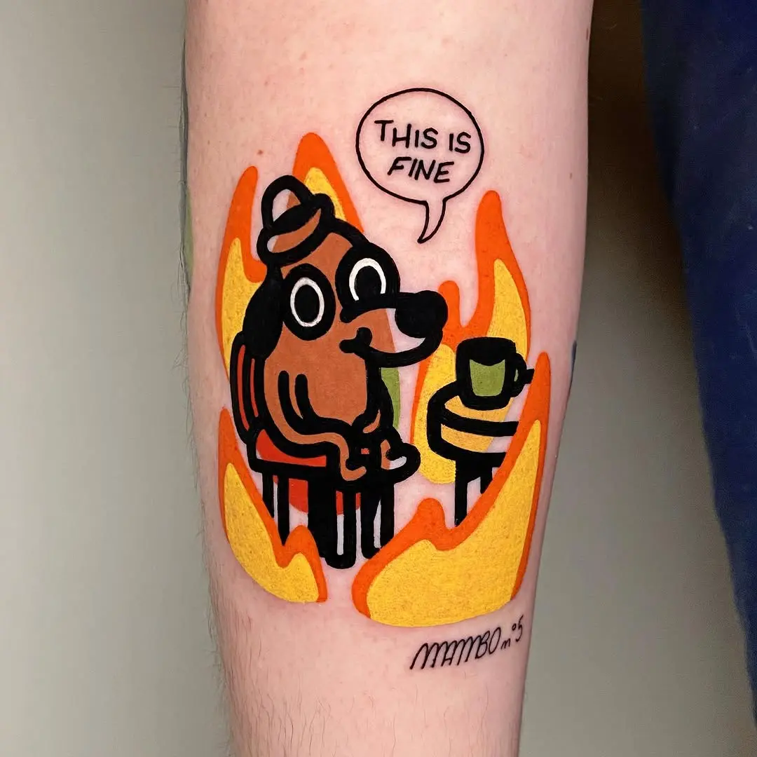 Humorous dog surrounded by vibrant flames tattoo