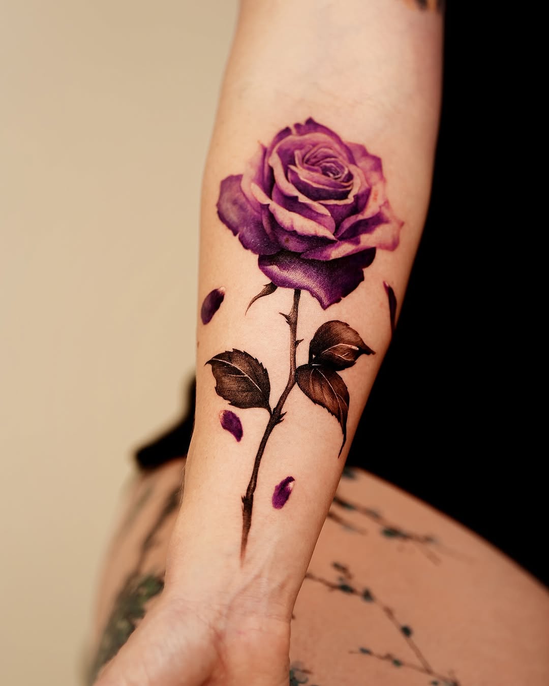 Stunning Purple Rose Tattoo with Artistic Detail