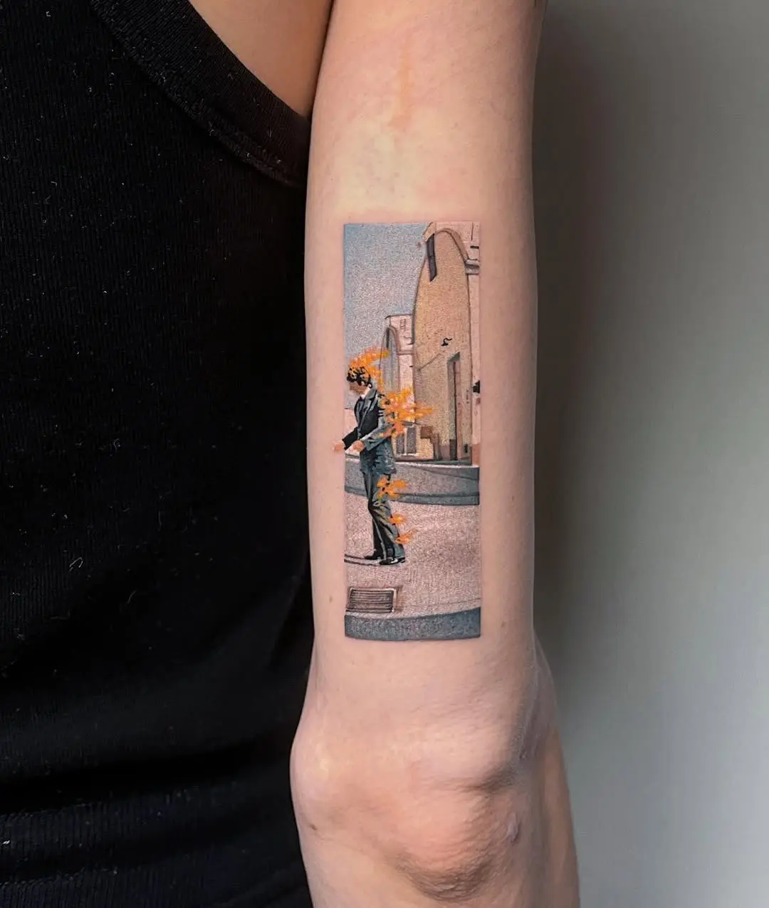 Expressive Fire Tattoo Blend with Street Art