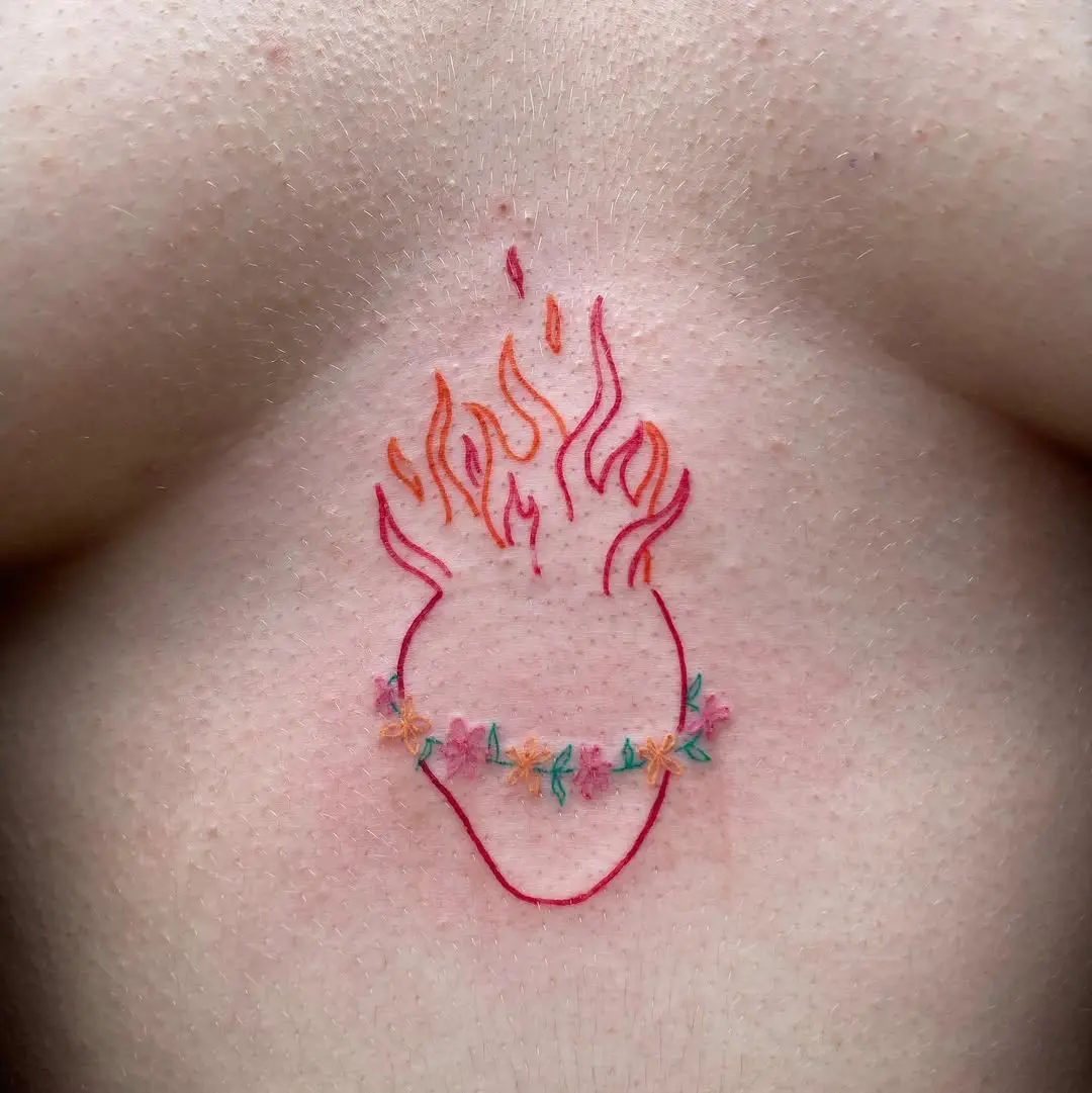 Colorful Heart with Fiery Flames Tattoo