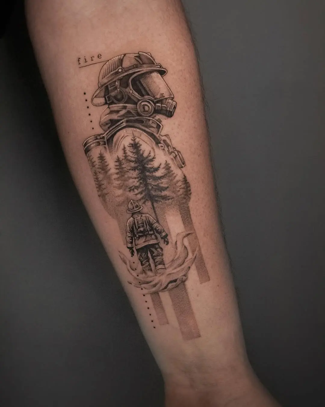 Dramatic firefighter tattoo with nature elements
