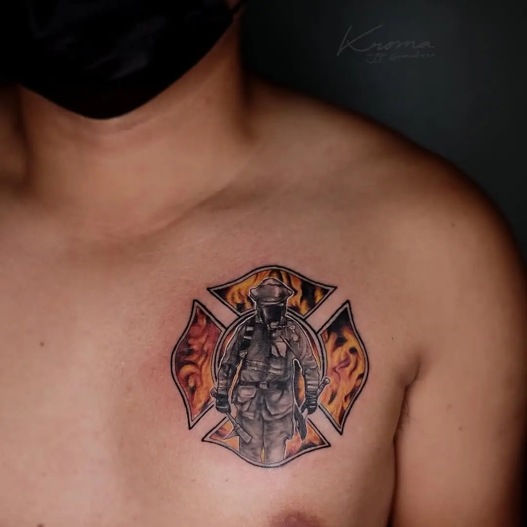 Heroic firefighter tattoo showcasing bravery and flame