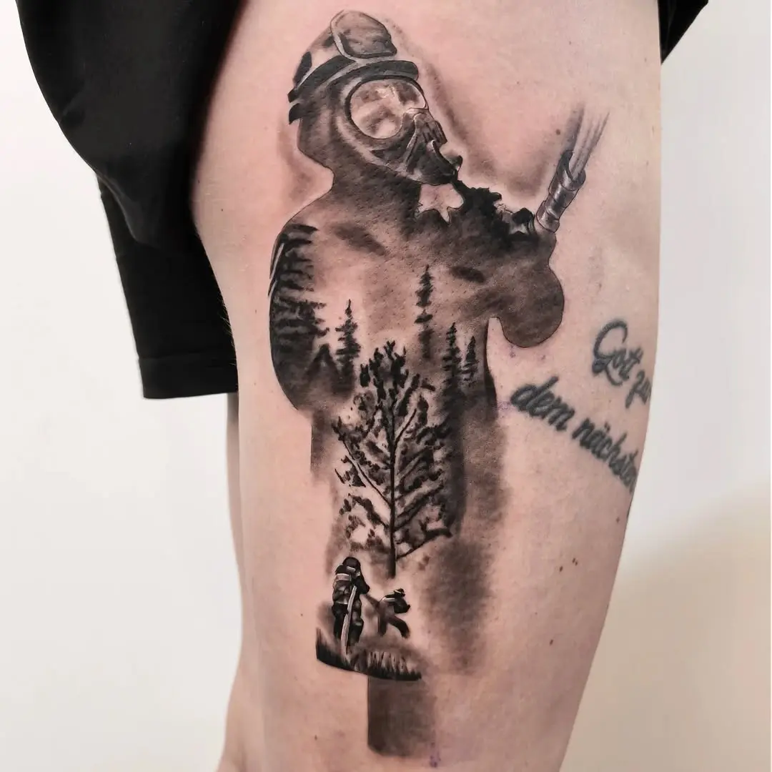 Intricate firefighter tattoo with woodland details