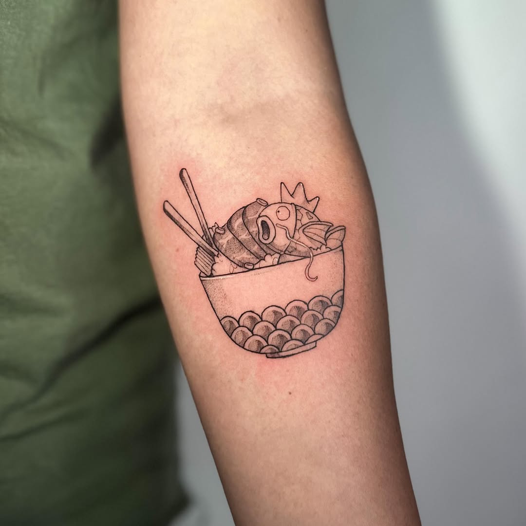 Whimsical bowl tattoo with fish and chopsticks