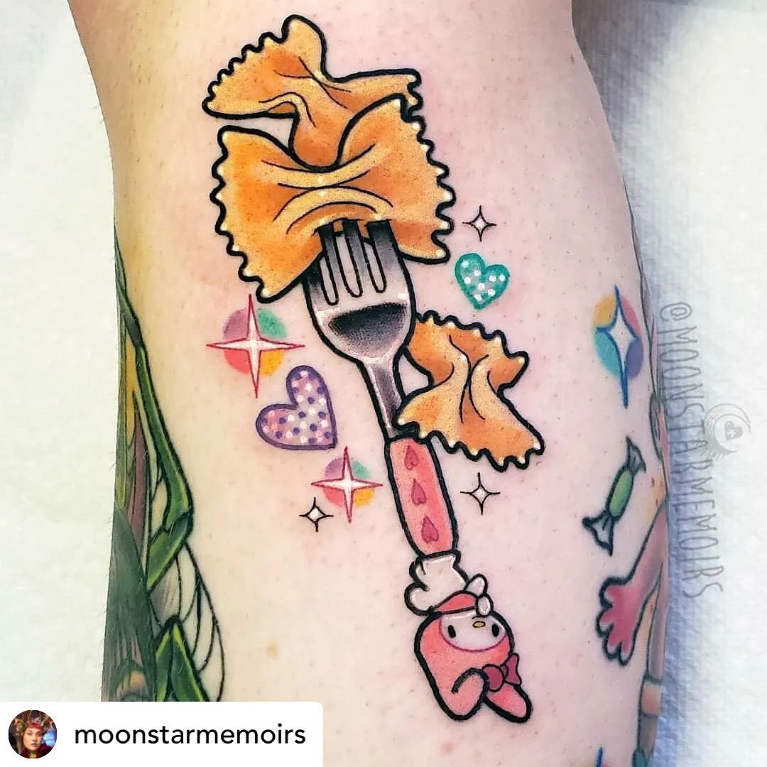 Whimsical fork with pasta-themed body art