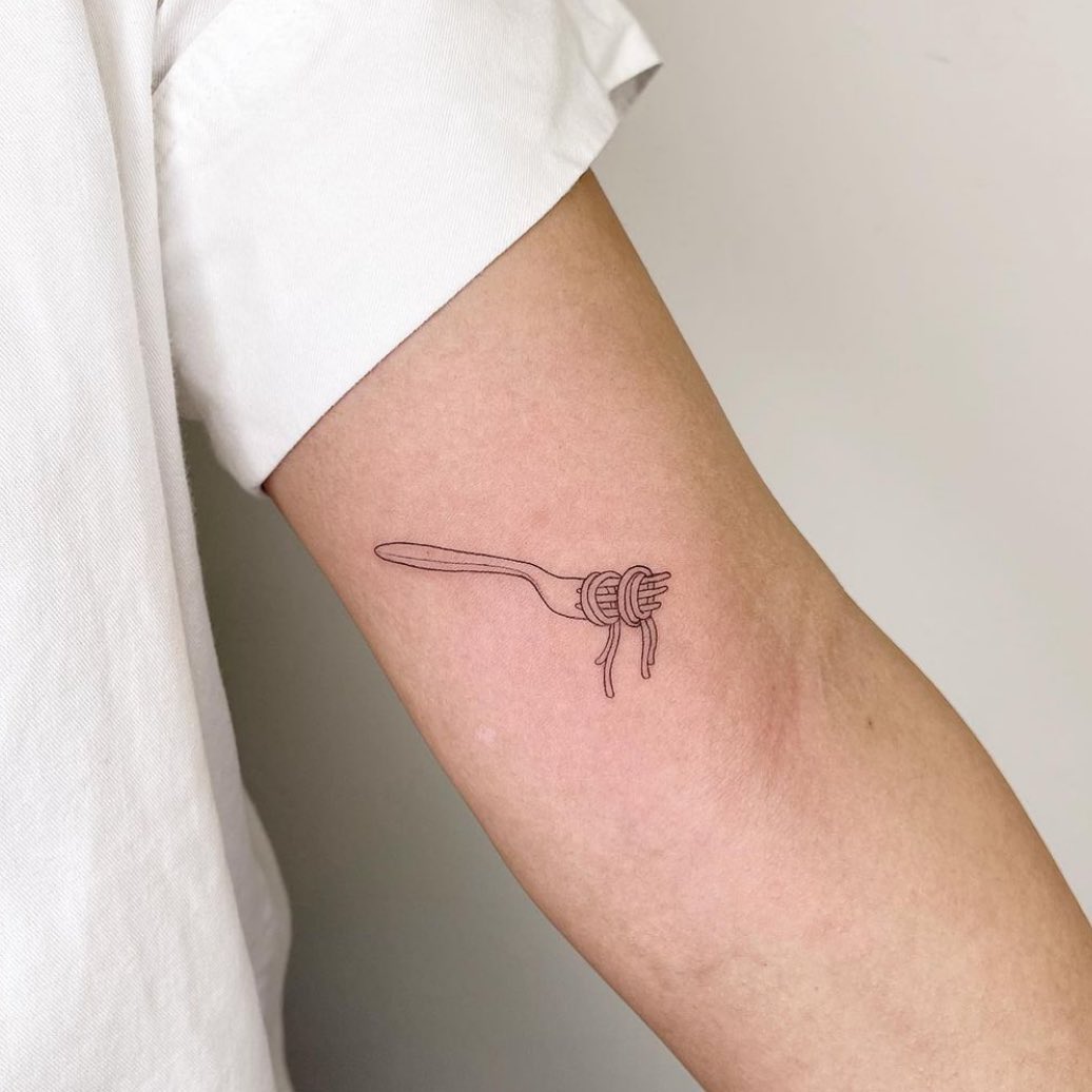 Minimalist fork and noodles tattoo design