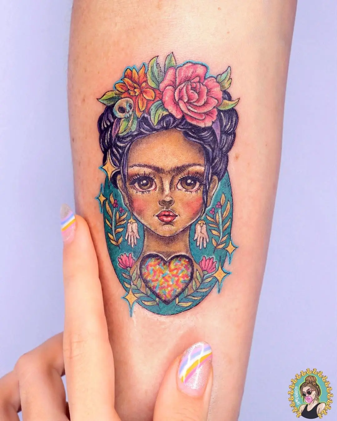Colorful Floral Portrait of Frida Kahlo Tattoo