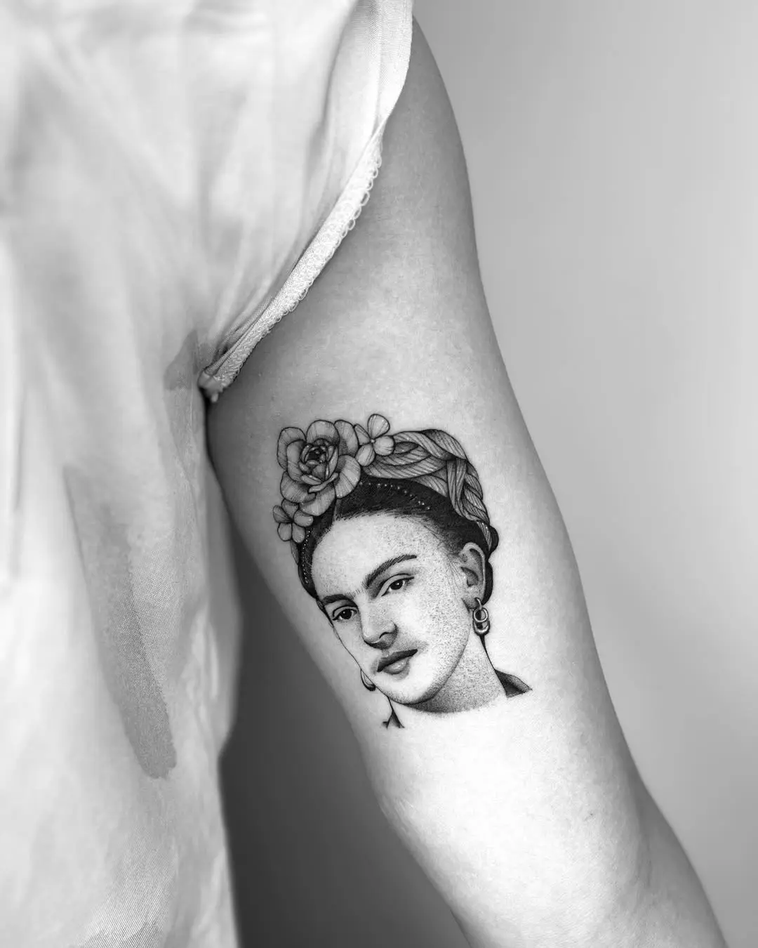 Realistic Frida Kahlo Portrait Tattoo Design