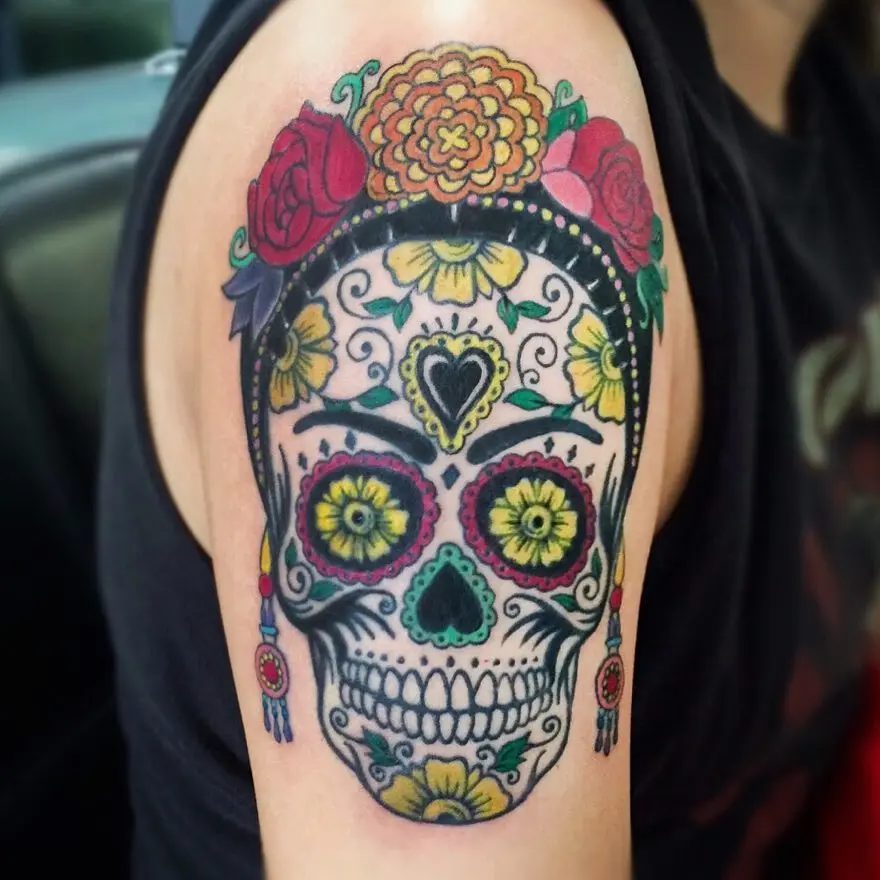 Vibrant Skull Tattoo with Floral Elements