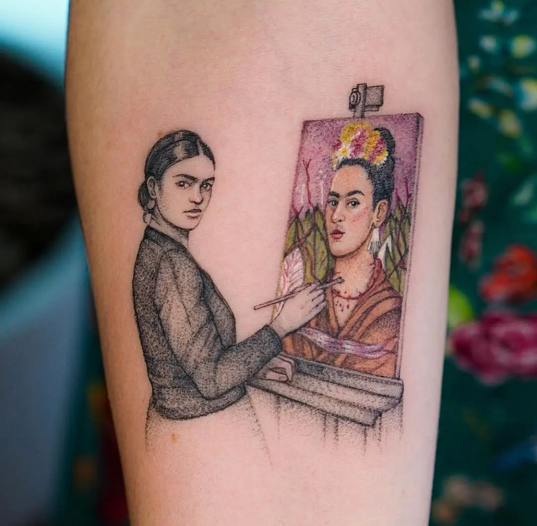 Frida Kahlo creating her iconic self-portrait