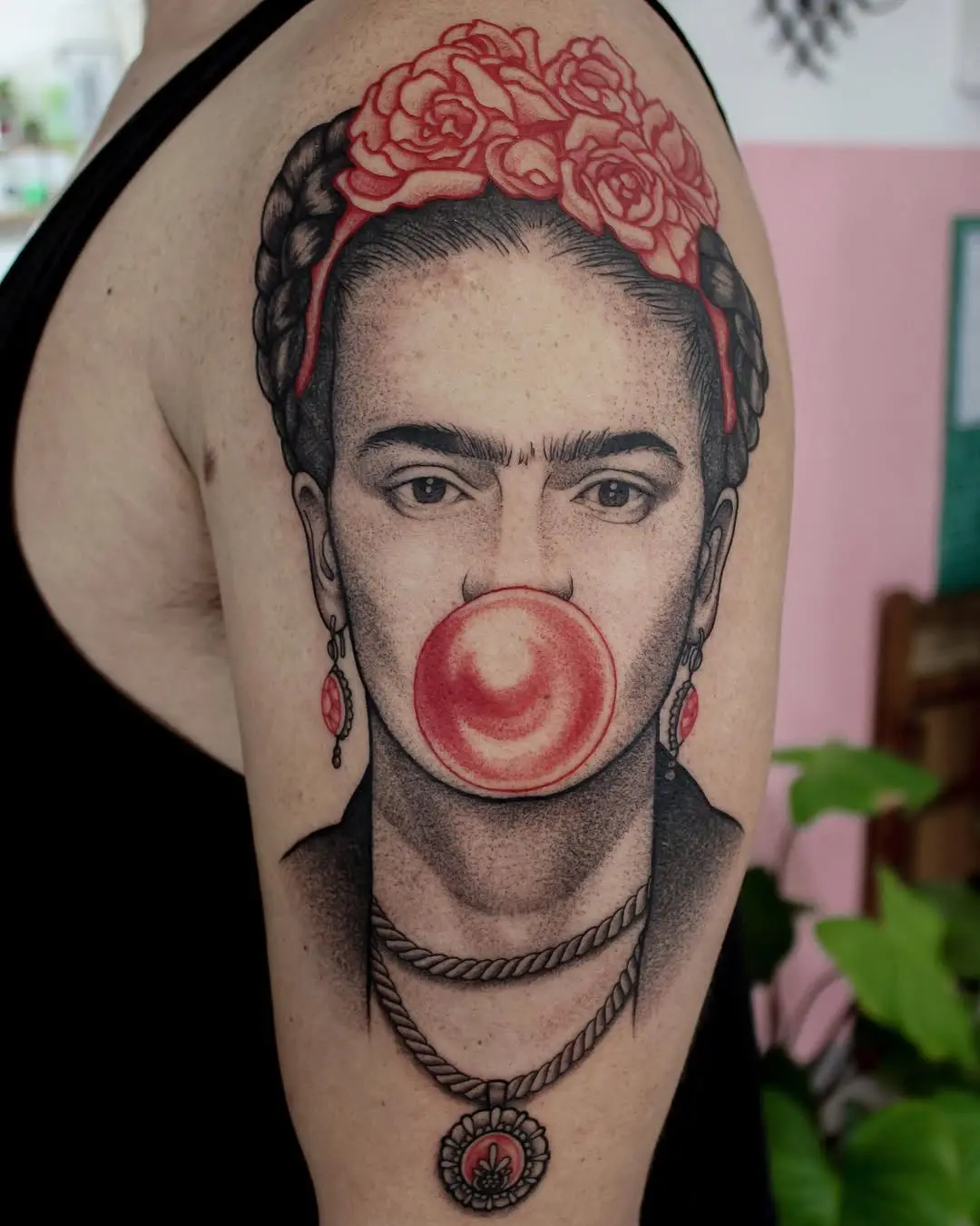Contemporary Frida Kahlo Tattoo with Bubble Gum
