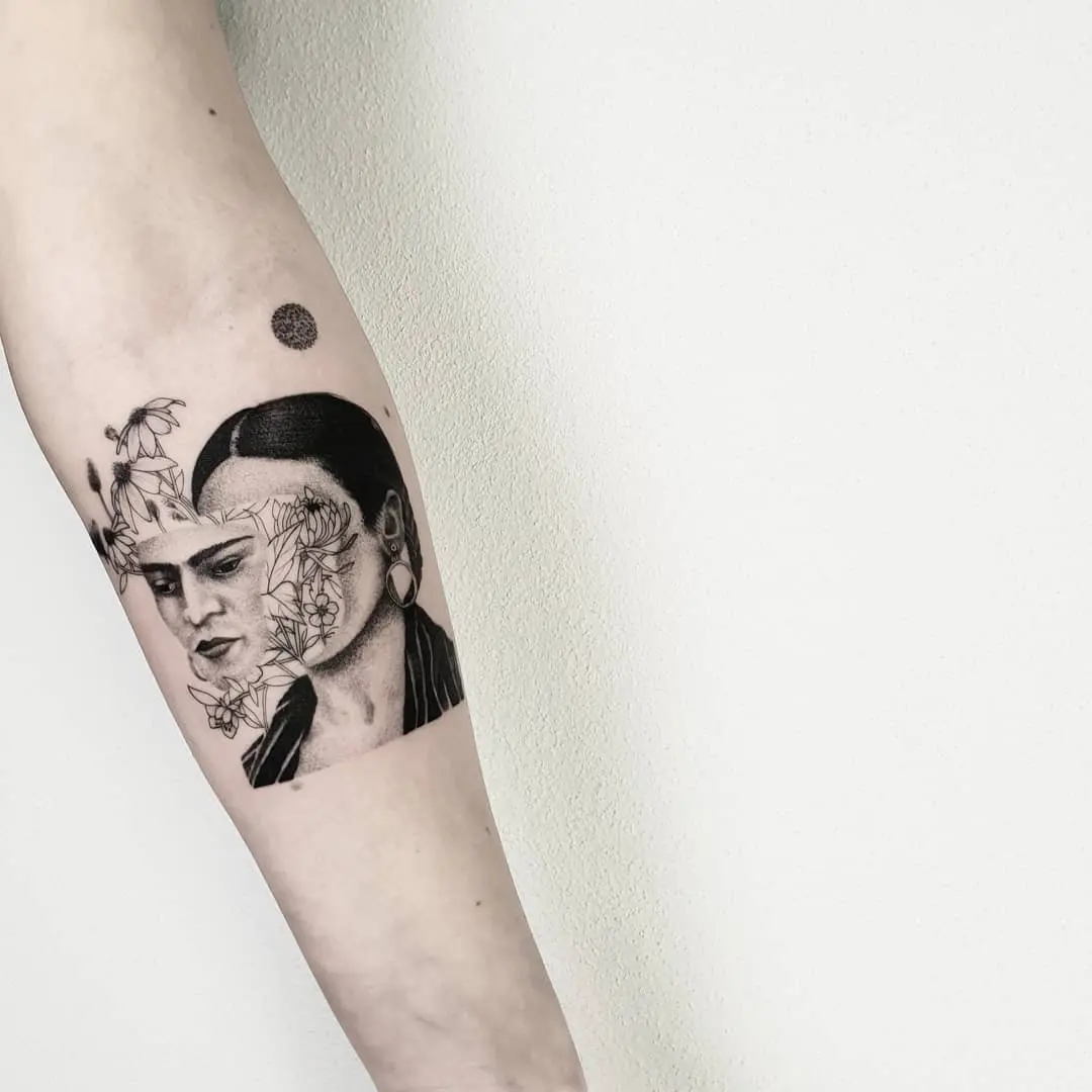 Intricate Frida Kahlo floral tattoo design