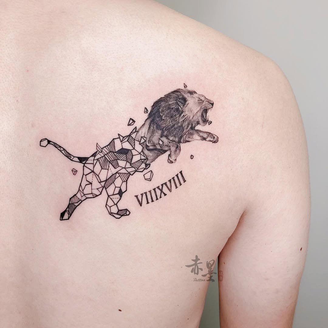 Striking geometric lion tattoo showcasing fierce energy