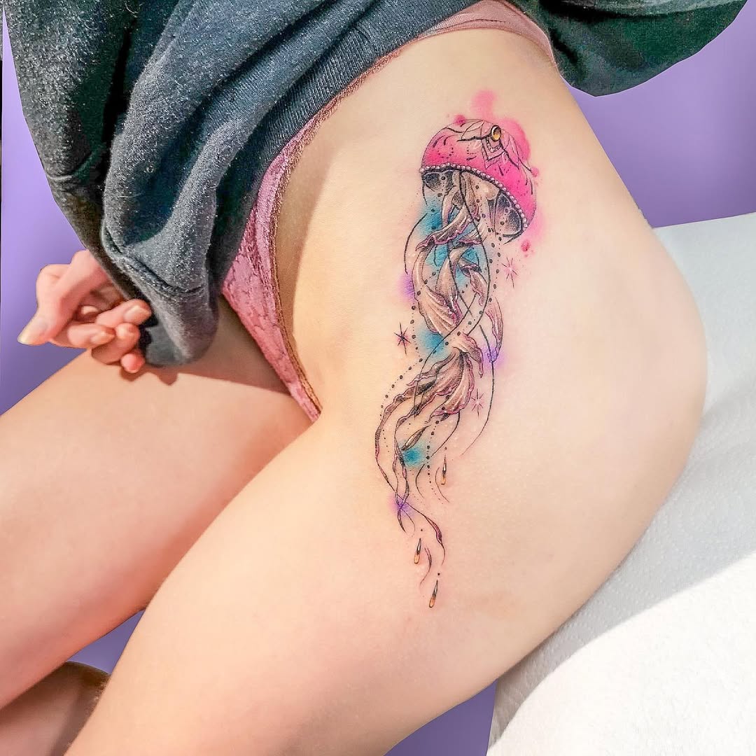 Vibrant Jellyfish Hip Tattoo That Captivates