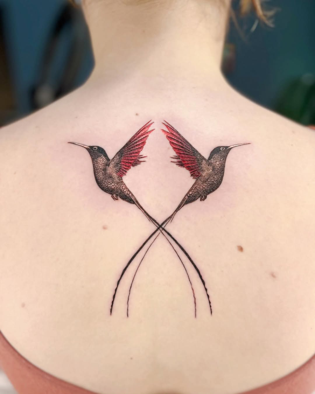 Beautifully crafted hummingbird back tattoo design